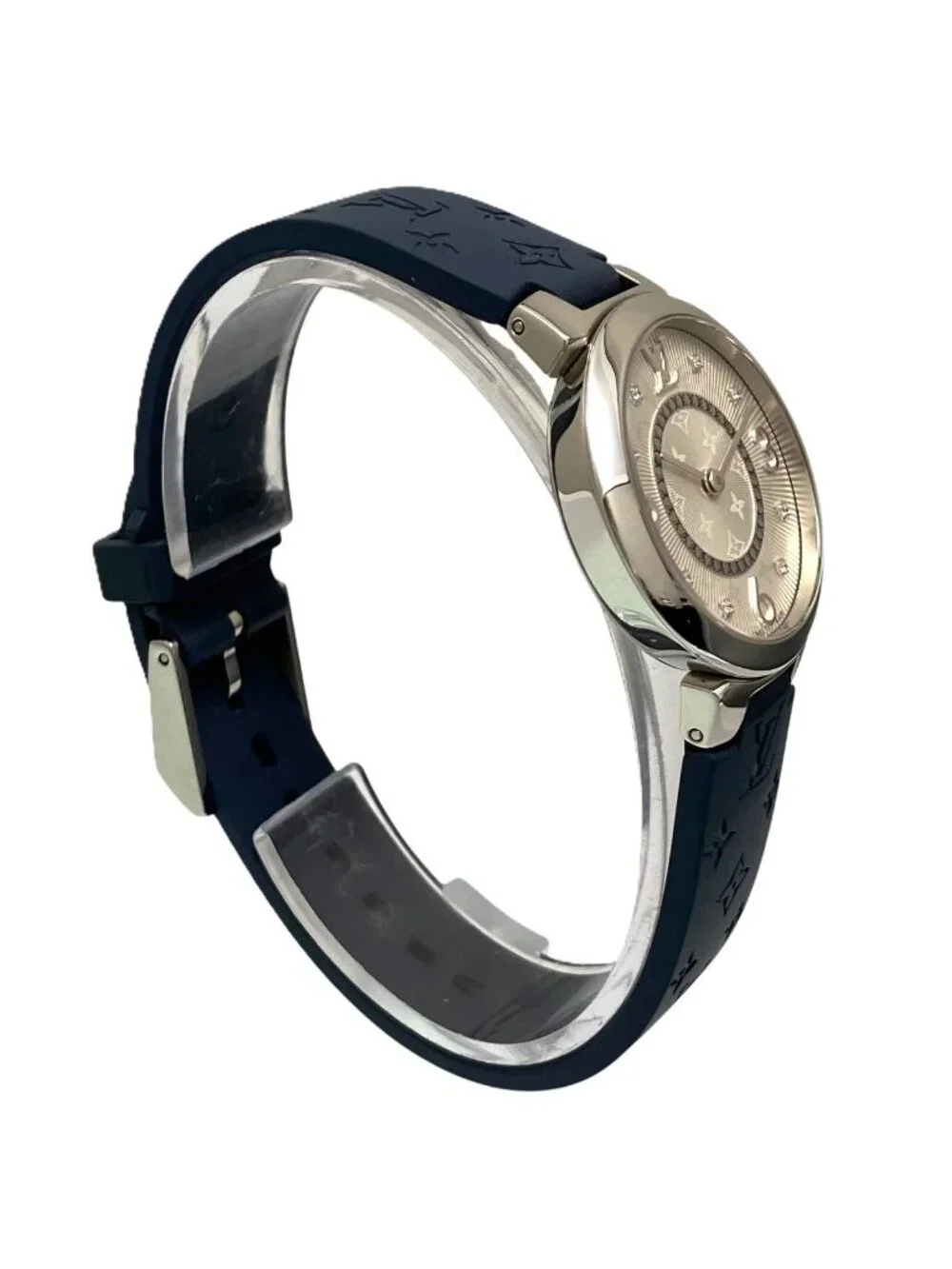 Louis Vuitton Tambour Watch SS Rubber Quartz Silver Dial